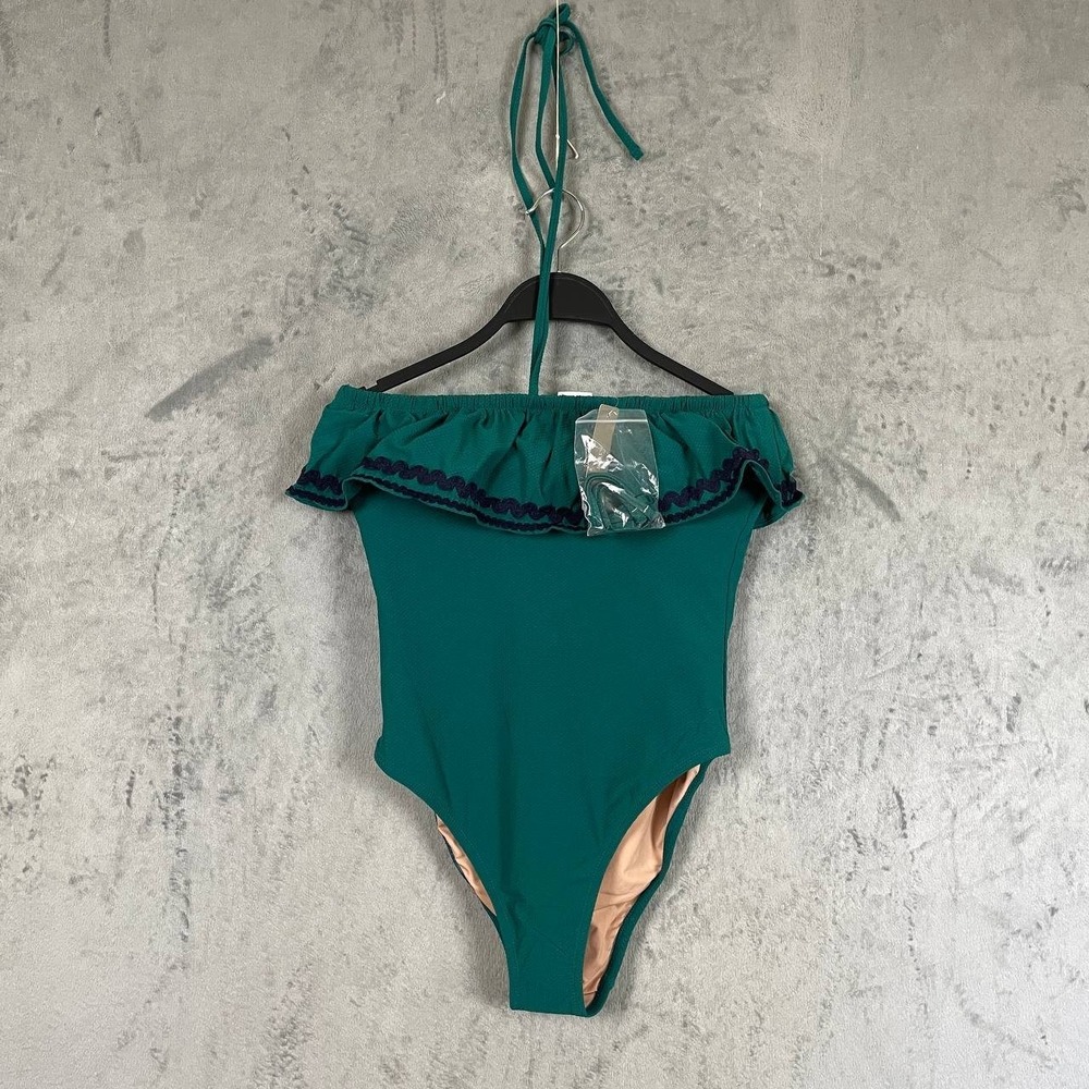 J.Crew Ruffle Bandeau One Piece Swimsuit Green Rickrack NWT Size 2